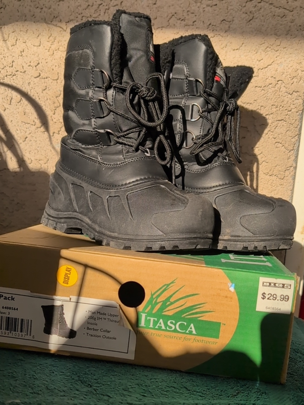 NEW ITHACA Black Lace-Up Ice Pack Insulated SNOW BOOTS Boys Size 3